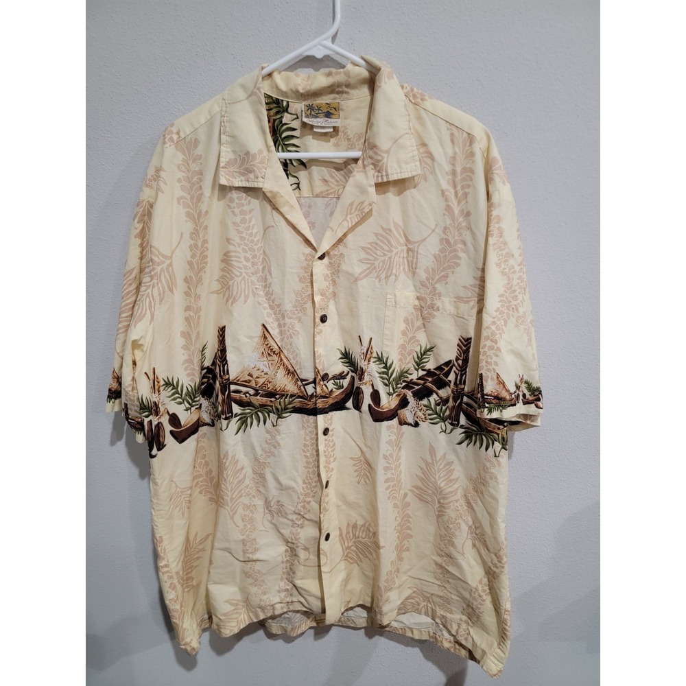 Winnie Fashion Aloha Shirt Men 3XL Cream Tan Palm‎ Canoe Made in Hawaii Vintage